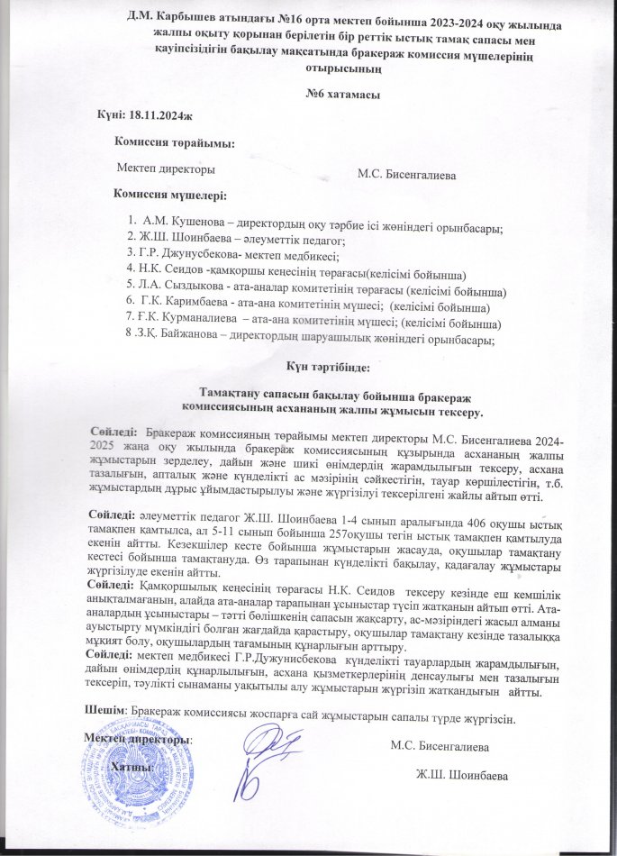Бракераж отырысының хатмасы